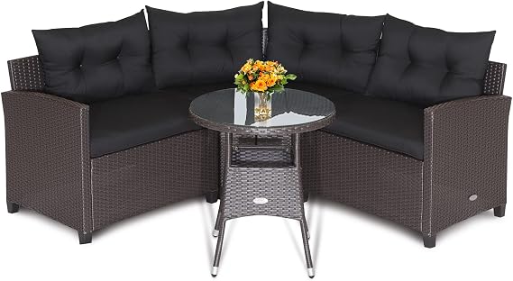 Tangkula 4 Piece Outdoor Sectional Sofa Set, Half-Moon All Weather Heavy Duty Corner Patio Furniture Set with Round Side Table, Soft-Padded Cushions, for Backyard, Poolside, Deck (Black)