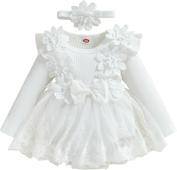 MERSARIPHY Baby Girl Fall Winter Romper Dress Floral Tutu Lace Knit Bodysuit Jumpsuit Clothes Set Infant Photography Outfits