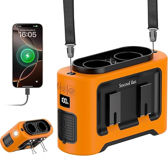 Socool 14500mAh Portable Waist Fan Clip On Wearable Belt Shirt Fan 5 Speeds with Dual Air Outlet & Flashlight Personal Hanging Neck Fans Battery Operated Rechargeable 40H Cooling For Camping Jobsite