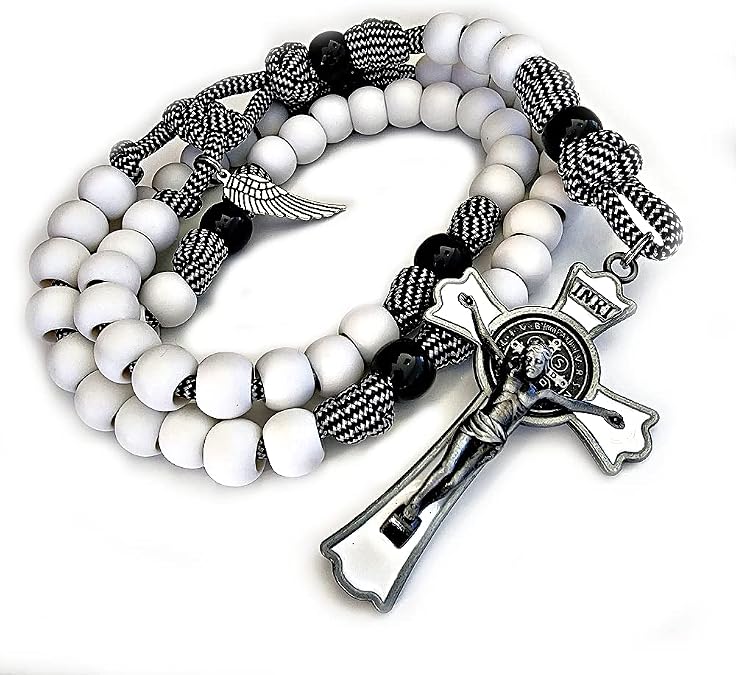 Rugged Rosaries - Catholic Rosary - White Angel of God Paracord Rosary with Angel Wing