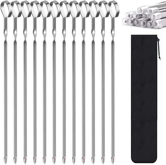 Skewers for Kabobs, 12" Metal Kebab Skewers for Grilling Flat Long Stainless Steel Kabob Sticks Reusable Grill Shish BBQ Barbecue Sticks for Meat Chicken Vegetable Shrimp, 12 Pack