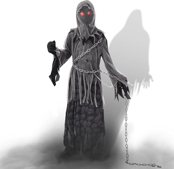 Child Grim Reaper Costume Scary Reaper Robe with Glowing Red Eyes Halloween Outfits for Kid