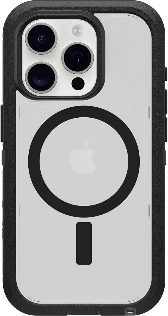 OtterBox iPhone 15 Pro Defender Series XT Clear Case - Dark Side (Black/Clear), Screenless, Rugged, Snaps to MagSage, Lanyard Attachment, Pressure-Fitted Dual-Layer iPhone Case