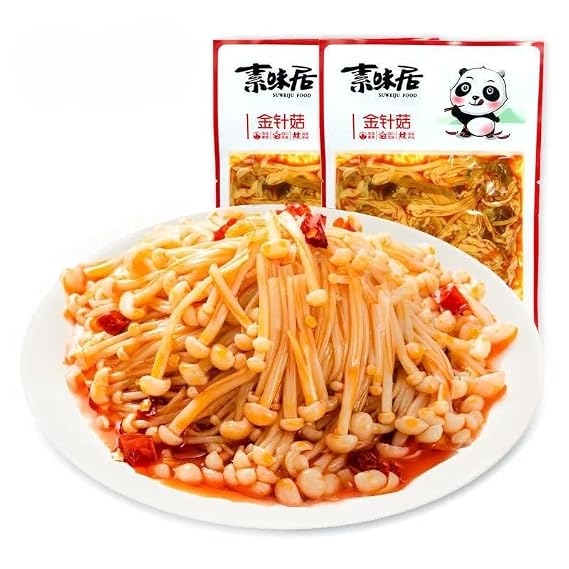 Instant Fresh spicy golden enoki mushroom 60g*3/6/9 bag,Spicy strips latiao,Marinated vegetables,red oil enoki mushroom,pickles,Chinese snacks,side dishes,office casual Dishes,vegetarian (6 bags)