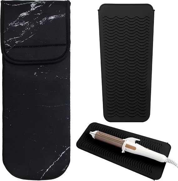 2 PCS Catcan Curling Iron Holder Cover Bag with Silicone Mat for Hair Straightener Storage (Black Marble)