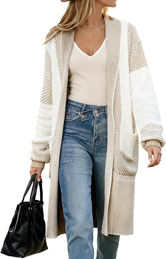 Women's Long Cardigan Sweater Color Block Chunky Open Front 2026 Knit Coat | Breathable, Open Front, Soft Chunky Knit, Drop Shoulders, Diagonal Stripes, Pockets, Fall Winter Layering