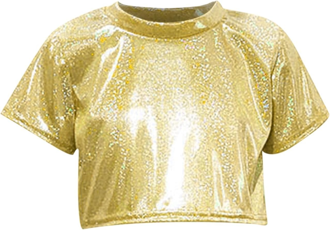 Kids Girls Metallic Shiny Crop Top Jazz Hip Hop Dance Tops Short Sleeve Loose T-Shirt for Performance Costume