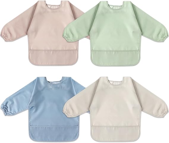 POIKSHARK 4 Pack Long Sleeve Bib, Reusable Bib with Catch-all Pocket