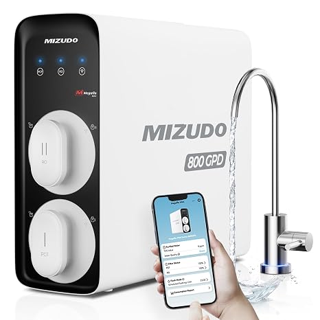 MIZUDO Reverse Osmosis Water Filter Tankless, 8 Stage Reverse Osmosis System Under Sink, 3:1 RO Water Filtration System, Mini Size 800GPD with Smart App Control