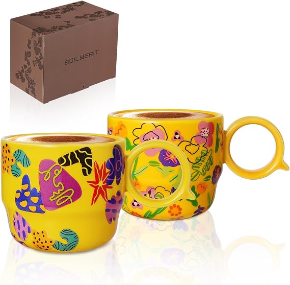 Ceramic Mini Espresso Cups Set of 2 3 oz Double Espresso Coffee Cups with Q Handle, Yellolw Floral and fruit Pattern, Small Espresso Shot Cups for Home Coffee Bar,Lungo