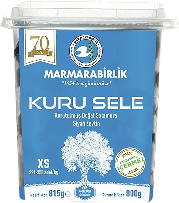 Marmarabirlik Dry Saddle Black Olives, XS Size 321-350 Pieces/Kg, 800g