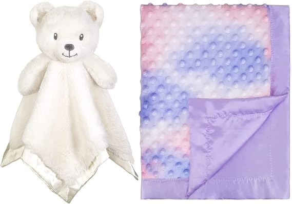 Bear Security Blanket and Silky Satin Baby Blanket for Girls Unique Tie Dye Minky Fabric with Soft Luxury Silk Silky Backing