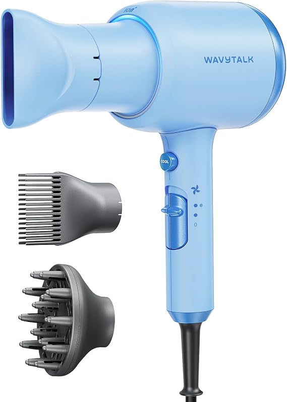 Wavytalk Blown Away Ionic Hair Dryer with Diffuser for Curly Hair | 1875W Fast Drying, 3 Attachments for All Hair Types, Ceramic Healthy Shine, Lightweight & Quiet (Light Blue)