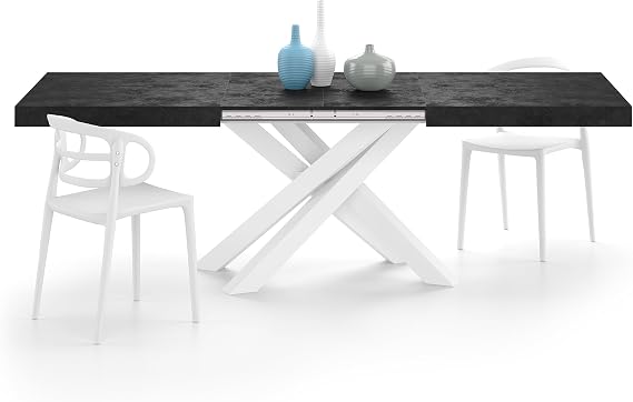 Mobili Fiver, Emma 63(94.5) x35.4 in, Extendable Dining Table, Concrete Effect, Black with White Crossed Legs, Made in Italy