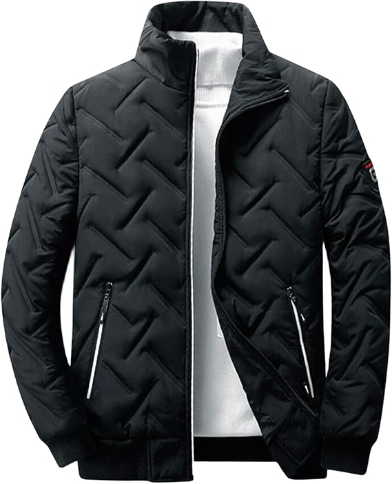 Puffer Jacket for Men Full Zip Up Bomber Jacket Stand Collar Cardigan Jacket Lightweight Windproof Insulated Coat Tops