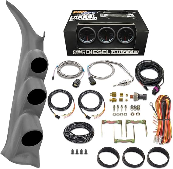 GlowShift Gray Pod & 3-Gauge Diesel Kit Fits 00-06 Chevy Duramax 6.6L | Tinted 7 Color Gauges Include 60 PSI Boost, 2400F Pyrometer EGT & Fuel Pressure w/ Pillar Pod For Silverado 2500HD 3500HD