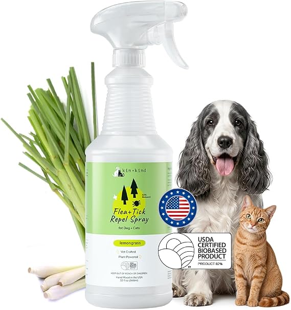 kin+kind Flea & Tick Repel Coat Spray for Dogs & Cats, Lemongrass, 32 fl oz