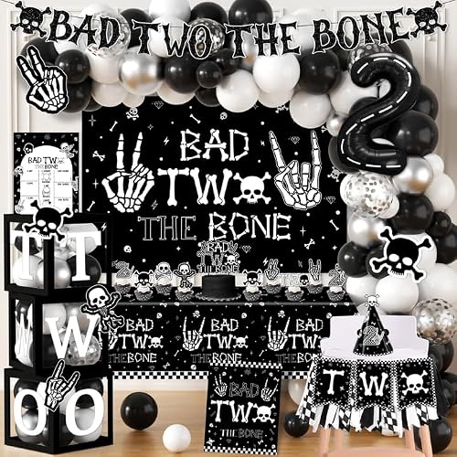 2nd Birthday Decorations for Boys, Bad Two The Bone Party Decorations with Backdrop Balloon Box Cake Cupcake Topper Tablecloth for Bad 2 The Bone Halloween 2 Year Old Birthday Party Decorations Boy
