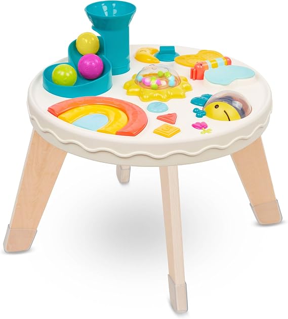 B. toys Colorful & Sensory Station Baby Activity Table, Lights, Interactive | 7 activities with piano, butterfly book, ball slide, lights, sounds, wooden legs, partially assembled, Activity, 6+ Months