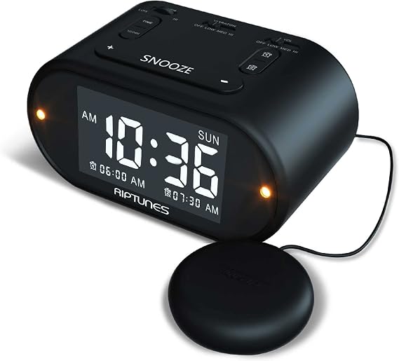 Riptunes Loud Alarm Clock with Bed Shaker for Heavy Sleepers & Hearing Impaired - Dual Alarm for Bedroom Weekday and Weekend Settings USB Charging, Dimmer, Snooze (Black)