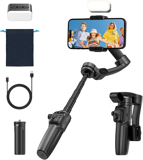 3-Axis Phone Gimbal Stabilizer for iPhone and Android with Magnetic Fill Light, Foldable Handheld Smartphone Gimbal with Extension Rod, 6H Battery, Portable Video Stabilizer for Travel Vlogging