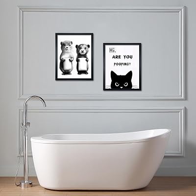 JLXART Framed Wall Art Bathroom Black and White Funny Cat Otter Toilet Artwork Decor for Restroom,11x14inch