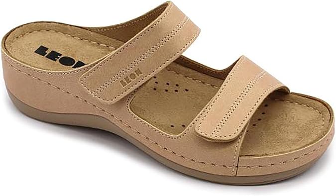 LEON 907 Leather Slip-on Womens Ladies Sandal Clogs Mules Slides Slippers Shoes, Beige, EU 41 (10.5M US Women)