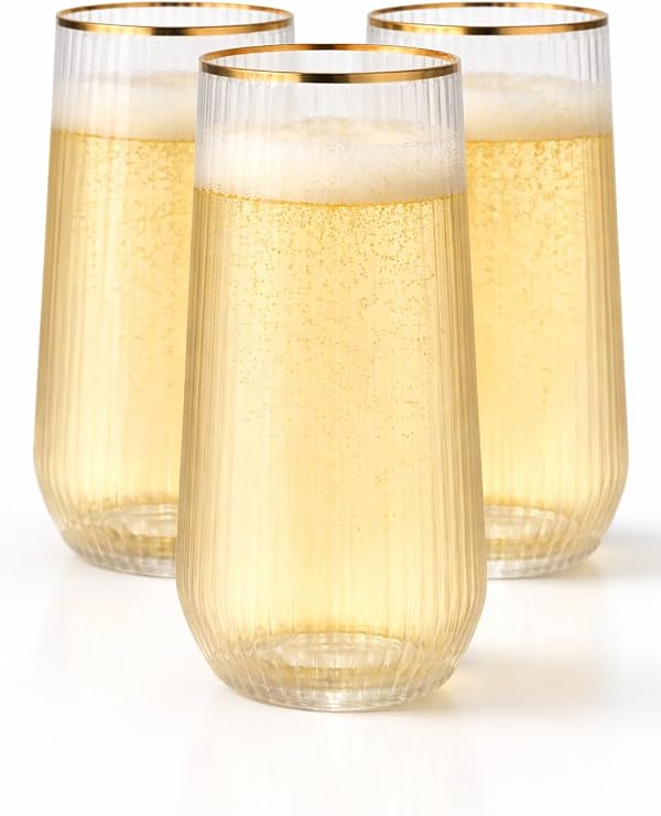 Oojami 48 Pack Disposable Plastic Champagne Flutes Stemless 9 oz Gold Rim
