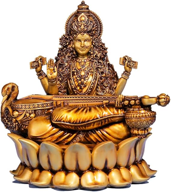 Artarium Veena Vadini Saraswati Statue 4 Inch, Hindu Goddess Saraswati Murti Idol with Veena, Resin Goddess of Wisdom Figurine for Home Temple, Study Desk, Office Decor, Spiritual Gift
