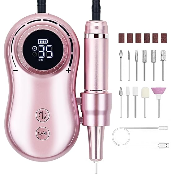 Professional Nail Drill 35000 RPM Rechargeable Electric Nail Drill Machine Portable with 11 Pcs Drill Bits for Acrylic Nails, Gel Nails, Manicure Pedicure Polishing