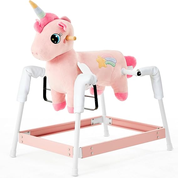 FUNLIO Unicorn Spring Rocking Horse for Kids 3-6, Rainbow Fairy Ride on Horse with Covered Spring & Sturdy Frame, Neighing & Galloping Sound for Pretend Play, Horse Toys Gift, CPC & CE Certified-Pink