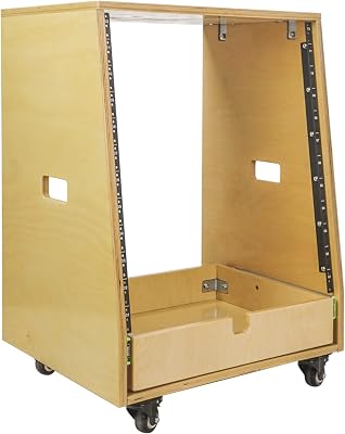 Sound Town 12U DIY Solid Baltic Birch Plywood Slanted Studio Rack with 12U Rack Space, Extra 2U Drawer, Rubber Feet, Casters, Golden Oak SDRK-12TD2