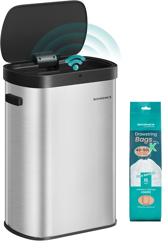 SONGMICS Trash Can, 13-Gallon, Stainless Steel, Soft-Close Lid | Automatic garbage can, wave or touch to open, 50 L, 15 bags, Metallic Silver and Ink Black ULTB640E01