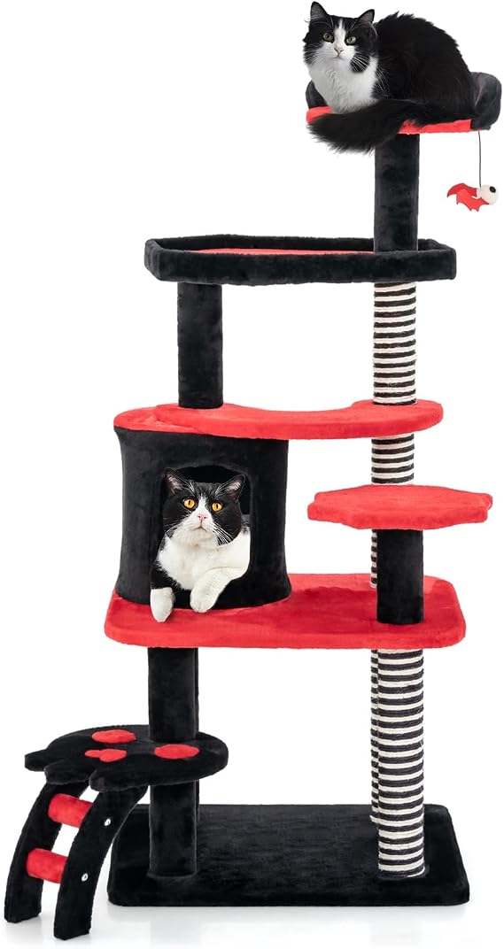PETSITE Gothic Cat Tree - 52 Inch Tower with Sisal Scratching Post, Coffin Bed, Cat Condo, Ladder and Bat-Shaped Ball, 6-Tier Goth Cat Tree for Indoor Cats