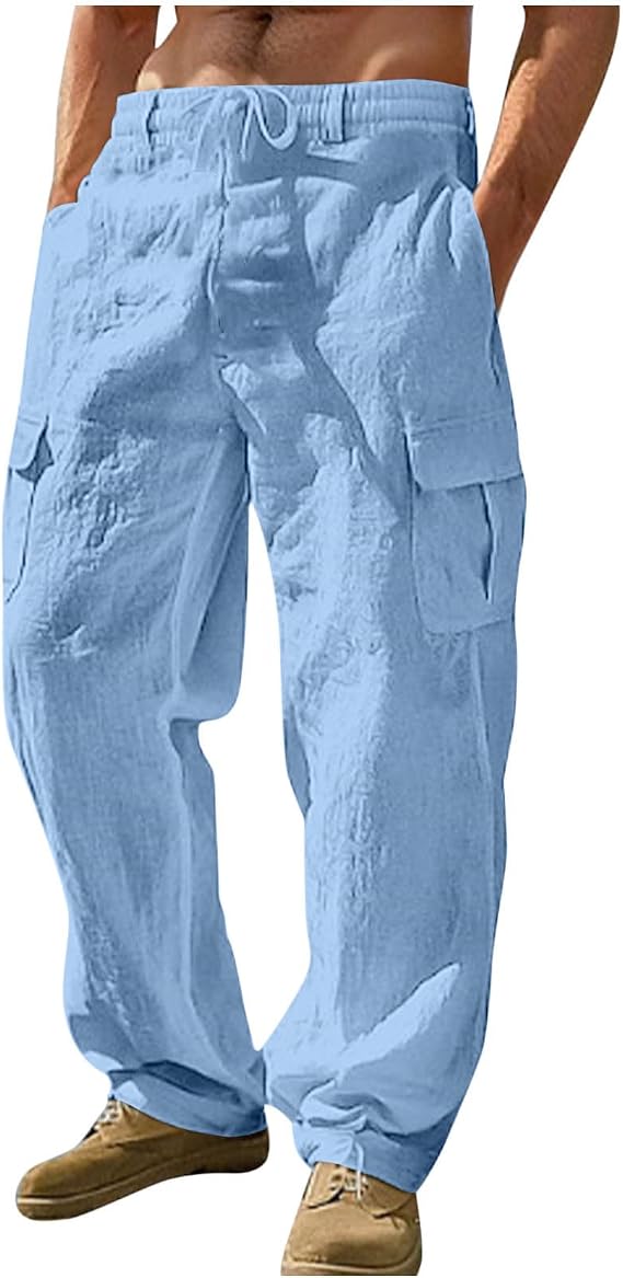 Mens Linen Cargo Pants Summer Casual Elastic Waist Pants Relaxed Fit Beach Yoga Travel Lounge Trousers with Pockets