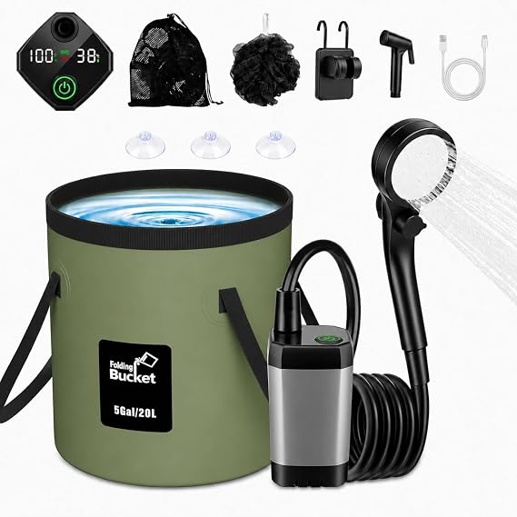 Portable Shower for Camping, 6000mAh Rechargeable Camping Shower with Intelligent LED Display, Foldable Bucket, 4 Spray Modes, IPX7 Waterproof Outdoor Camp Pump for Hiking, Travel, Car, Pet