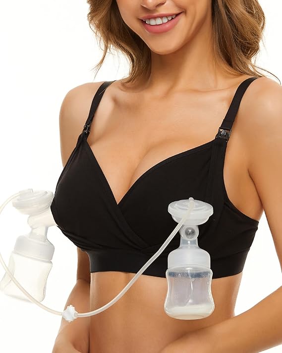 Pumping Bra Hands Free Adjustable V Neck Nursing and Pumping Bra with Nursing Pads Holding Breast Pumps