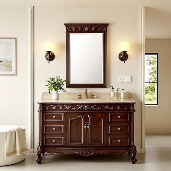 56 Inch Beckham Free-Standing Bathroom Vanity, Cherry Brown Finish, Single Sink, Cream Marble Top, Porcelain White Undermount Sink, 6 Drawers, Cabinet Storage Model CF-3882M-TK-56