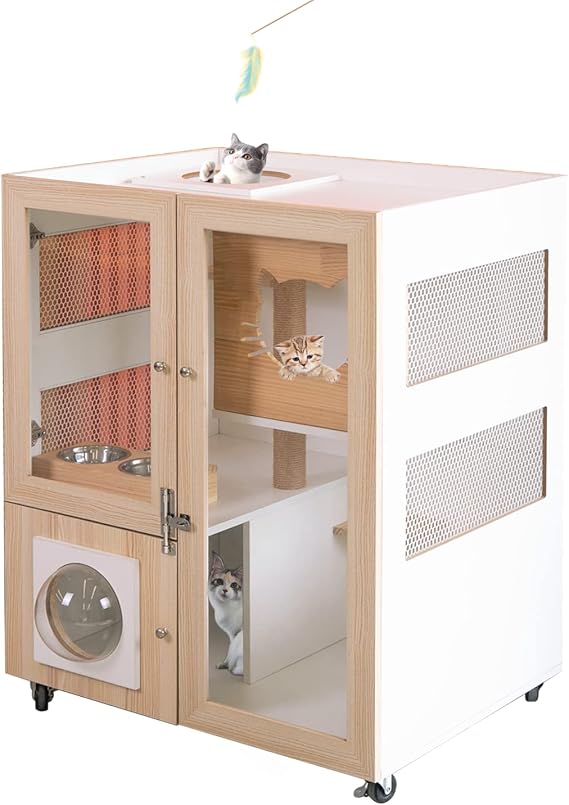 Indoor& Outdoor Kitty Villa Cat House, Multi-Function Double-Deck Pet Cat Shelter with Scratch Pad, All-Round Weatherproof Solid Wood Large Size for Multiple Cats