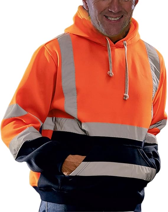 Class 3 High Visibility Safety Workwear for Men Hi-Vis Reflective Hooded Sweatshirts Hoodie Pullover for Construction