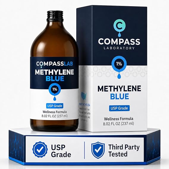 COMPASS LABORATORY Methylene Blue Pharmaceutical Grade, USP Grade, Third-Party Tested Brain Health Dietary Supplement for Humans, No Formaldehyde, Made in USA (1% 237ml Bottle)