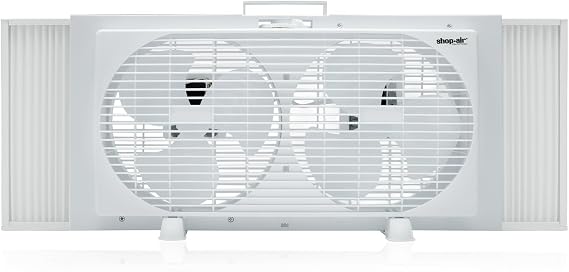 Shop-Air 9" Twin Window Fan with Manually Reversible Airflow 2-Speed Settings, High Airflow 300 CFM, Quiet Cooling, Adjustable Accordion Expanders, Ideal for Home & Office
