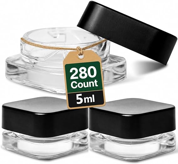 280 Pack Packlahoma 5ml Square Glass Jars with Black Lids, Refillable Cosmetic Containers