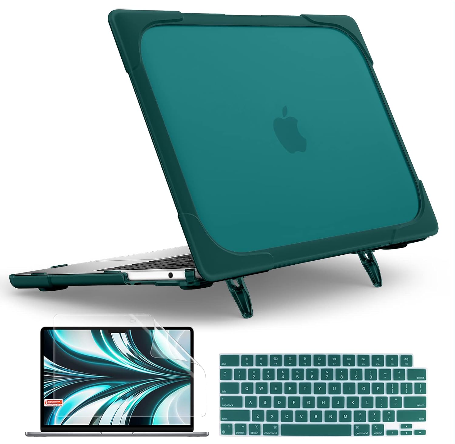 TWOLSKOO for MacBook Air 13.6 inch Case 2024 2023 2022 M3 M2 Chip A3113 A2681 with Touch ID, Heavy Duty Rugged Shockproof Hard Shell Dual Layer Protective Cover with Fold Kickstand, Teal