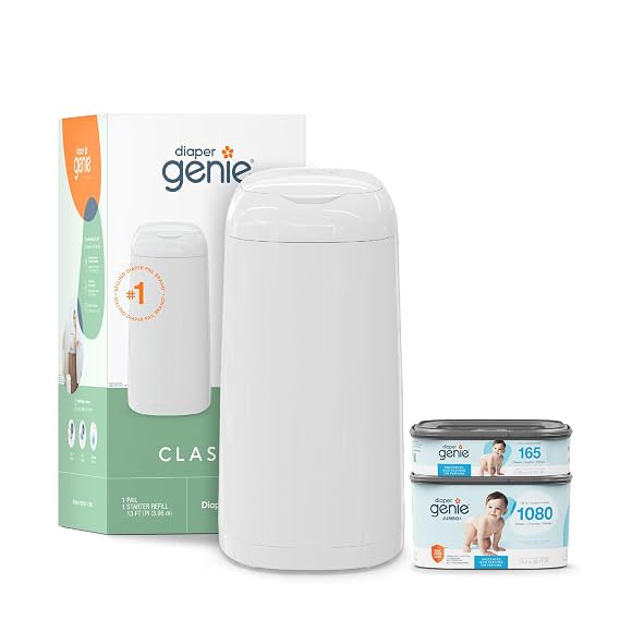 Diaper Genie Classic Diaper Pail Gift Set | Push-N-Lock Odor Control | Includes Starter Refill and Jumbo+ Refill | Holds up to 1,245 Newborn Diapers | Baby Registry Must-Have | Classic pail registry gift set with Push-N-Lock odor control includes 2 square refills holding up to 1,245 newborn diapers.