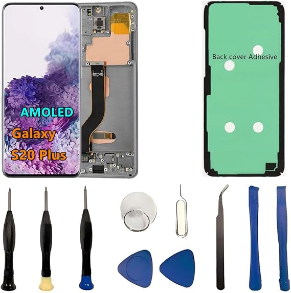 AMOLED Galaxy S20 Plus LCD Screen Replacement for Samsung Galaxy S20 Plus 5G Display Touch Screen Digitizer Assembly SM-G986U SM-G986U1 Support Fingerprint (With Grey Frame+Back Cover Adhesive+Tools)