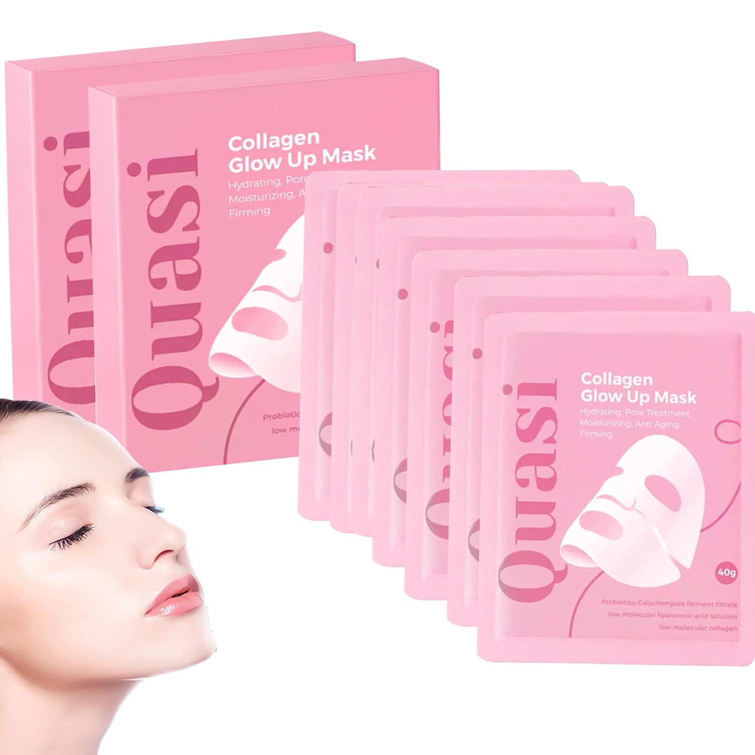 Quasi Bio Collagen Face Mask Overnight, Quasi Korean Collagen Face Mask, Glow up Firm Skin Deep Hydrating Masks for Wrinkle Reduction and Pore Minimization - Like Glass Skin 2 Box 8 Pcs