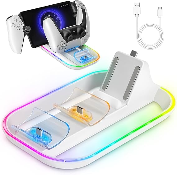 Charger Station for PlayStation Portal, Charging Dock with with 14 RGB Light & USB Type C Cable, Charge Base Holder for PS5 Controller & PlayStation Portal Remote Player Accessories (White)
