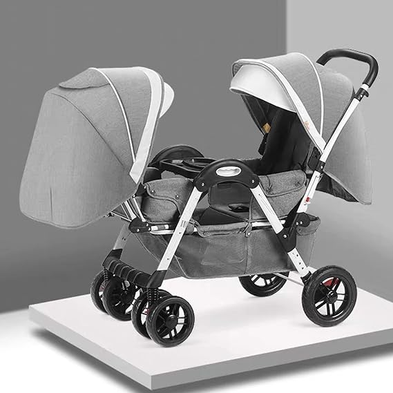 Double Tandem Stroller-Baby Face to Face Foldable Umbrella Stroller for Infant and Toddler,Convertible Reclining Pushchair Stroller,Adjustable Canopy (Color : Grey)