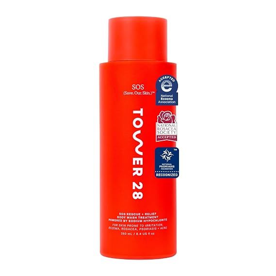 Tower 28 SOS Rescue + Relief Unscented Body Wash - Gentle + Moisturizing Shower Gel with Sodium Hypochlorite for Irritated, Itchy, and Dry Skin - Hypoallergenic Body Care for Sensitive Skin (8.4 oz)